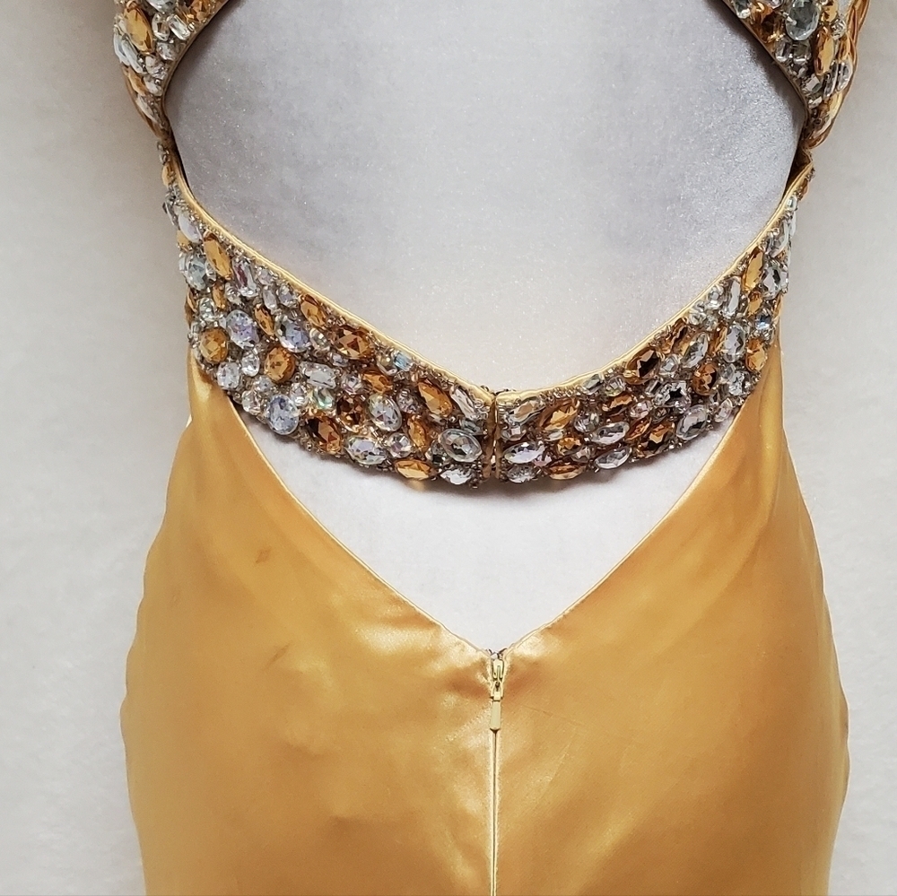 Vintage Beyond Jovani Yellow Charmeuse Shimmer V-neck Beaded Backless Maxi Dress - Picture 13 of 16